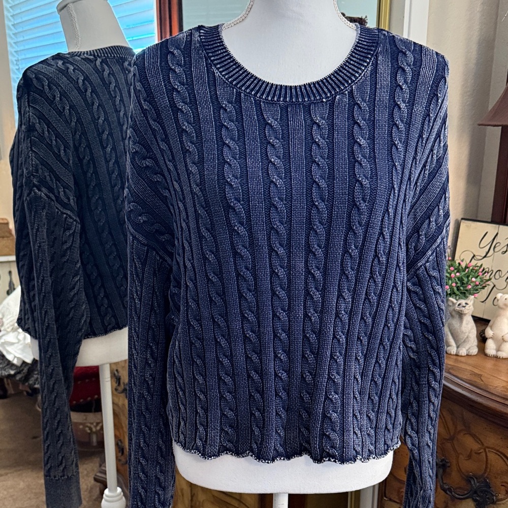 Aerie Deep Blue Burnout Cable Knit Sweater Cropped- XL -100% Cotton